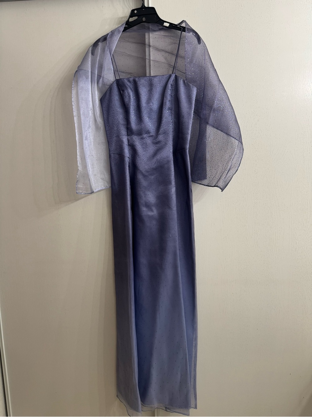 Fiesta Lavender Satin Prom Gown with Sheer Sparkle Shawl